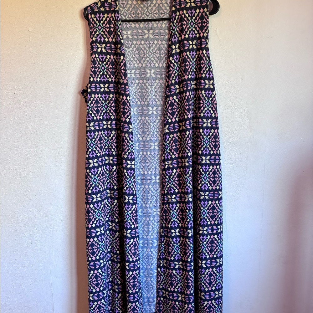 LuLaRoe Purple and Blue Geometric Maxi cardigan sleeveless